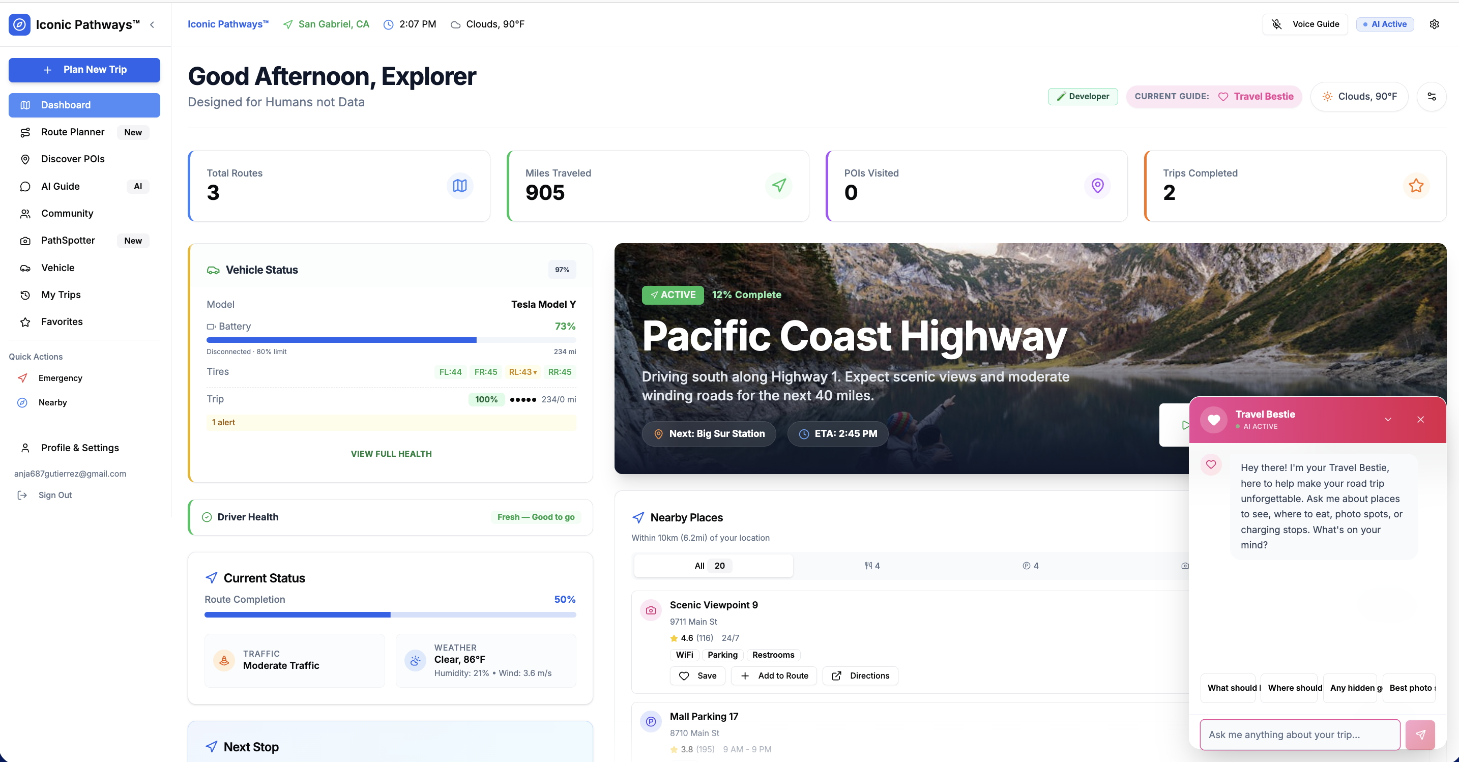 Tour Route Planner dashboard with an active trip